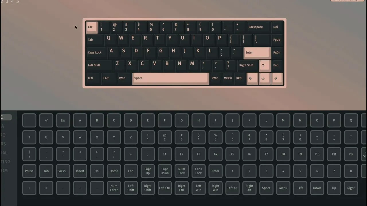 VIA keyboard layout editor with a compact keyboard map and key selection panel