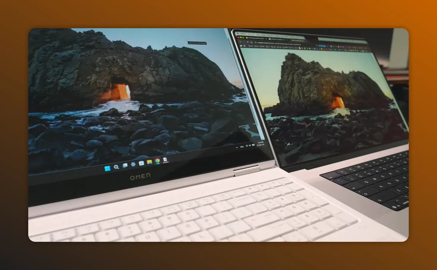 Two laptops open side-by-side showing desktop screens