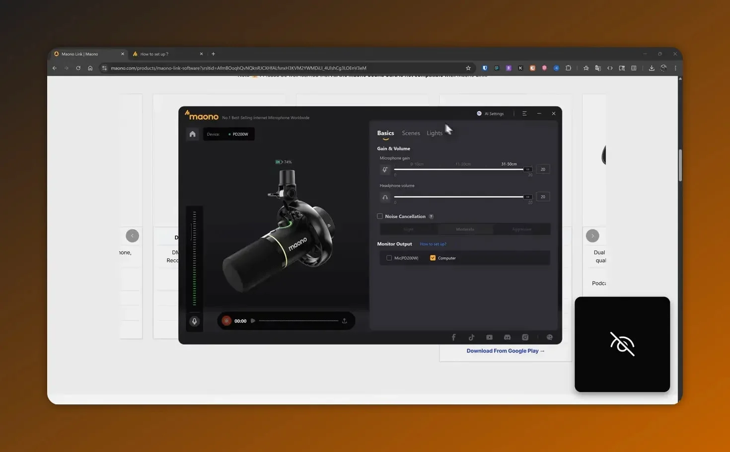Maono Link software Basics tab with PD200W image, gain slider, noise cancellation and monitor output options