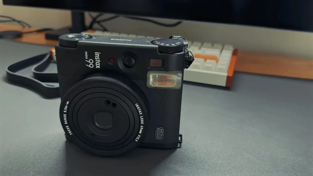 Instax Mini 99 standing upright on desk in side-front view
