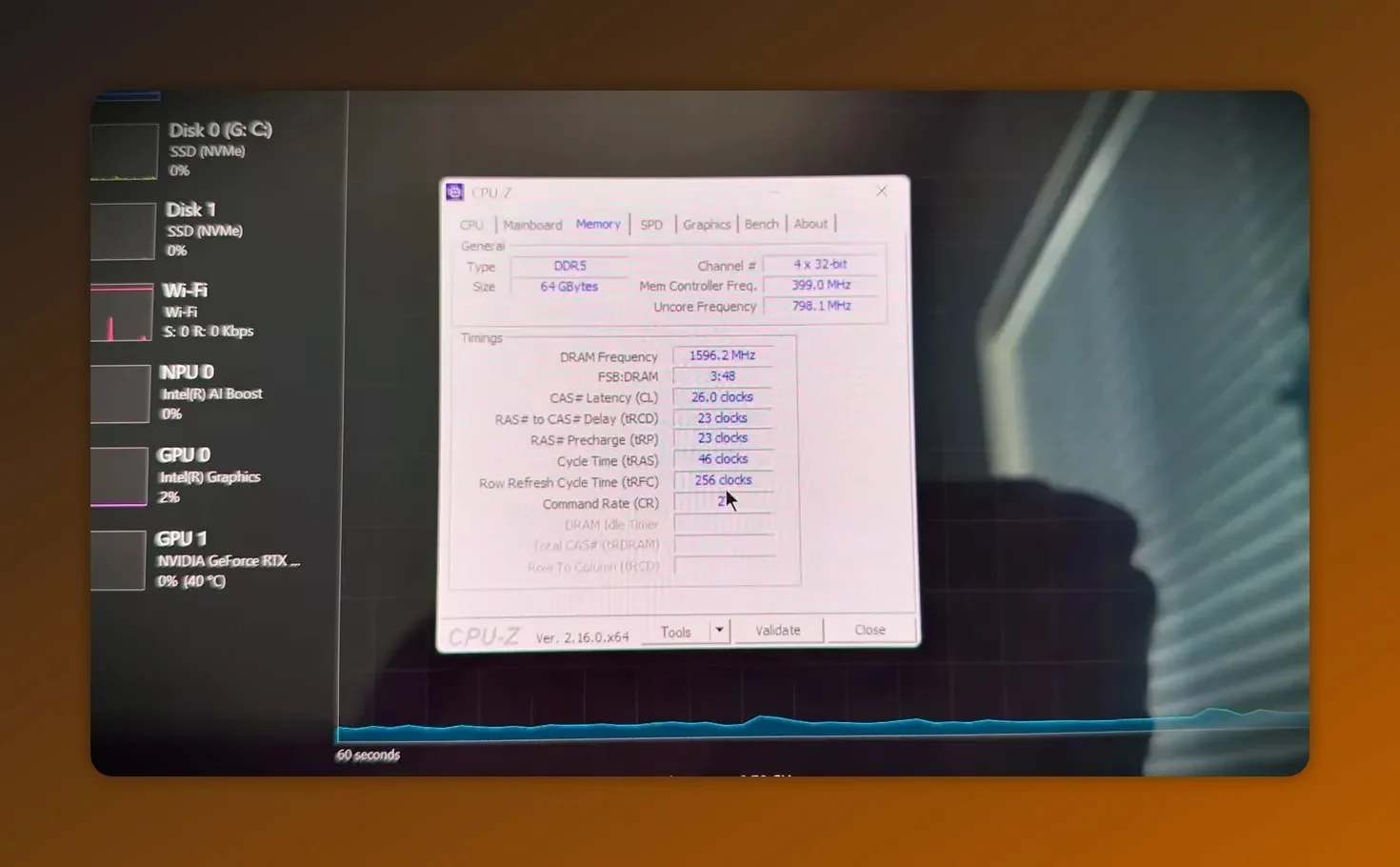 Close-up of CPU-Z Memory tab showing DDR5, 64 GBytes and timing/frequency details