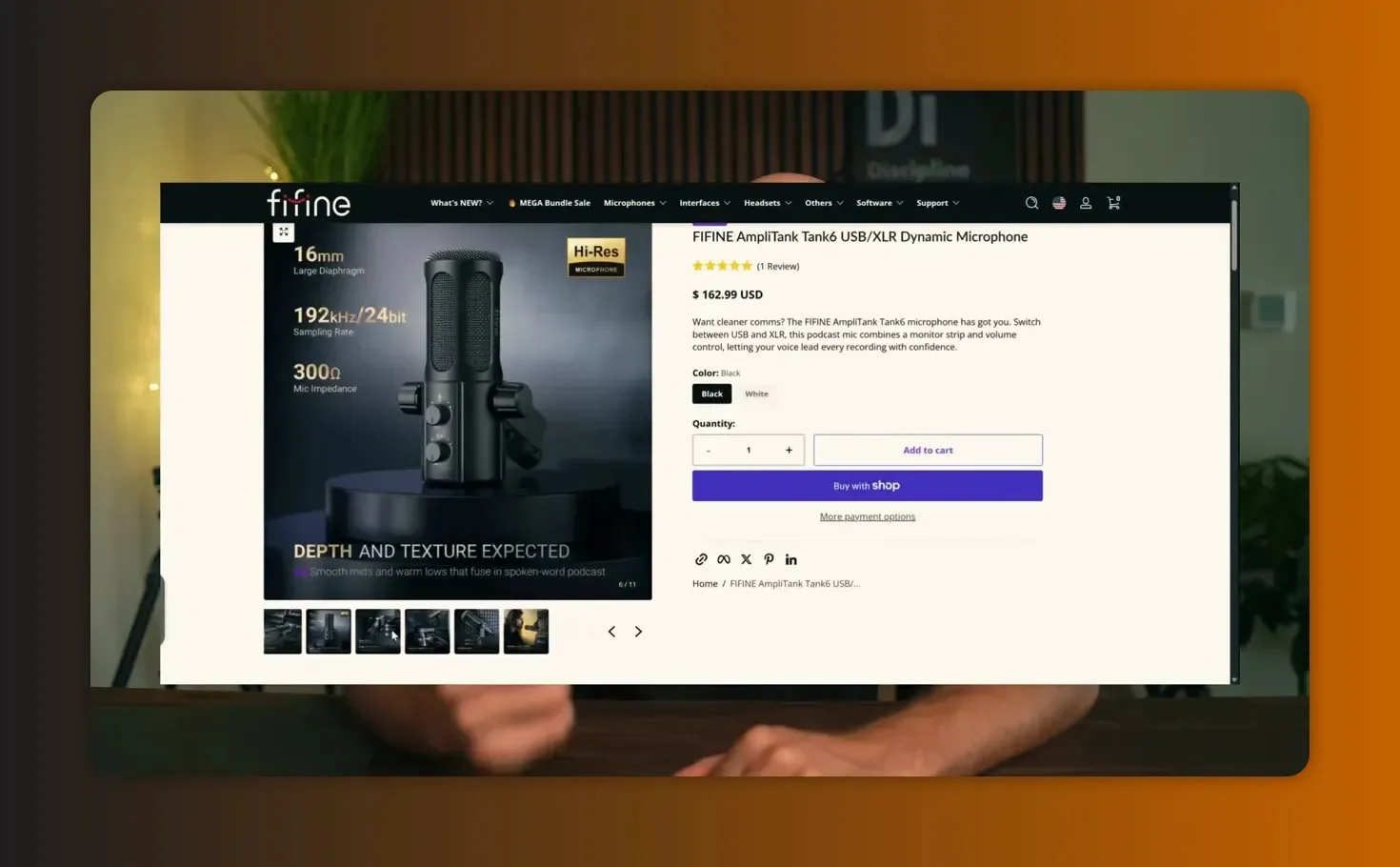 FIFINE Tank6 product page screenshot showing microphone image and specs like 192 kHz/24 bit and 16mm diaphragm