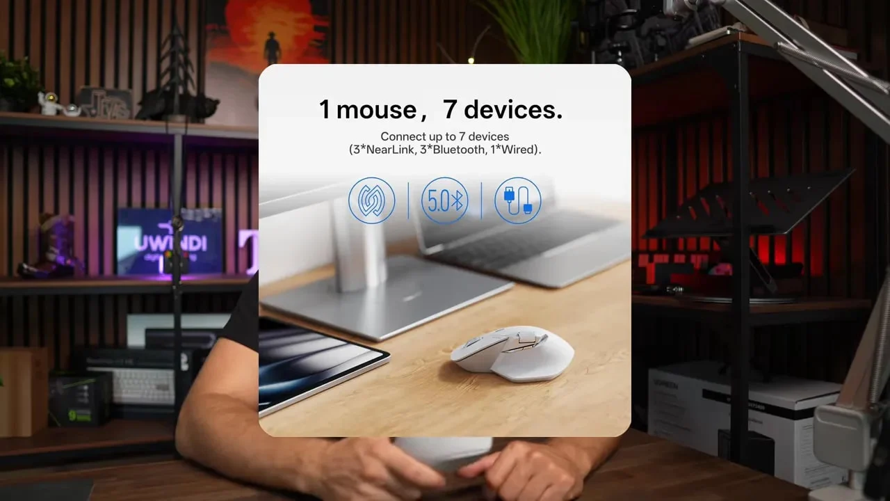 Rapoo MT760 Pro marketing graphic showing connection to up to seven devices
