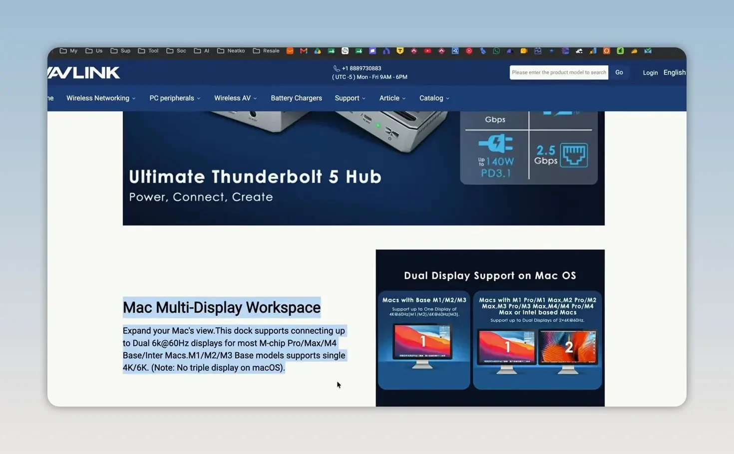 Wavlink website display support page showing dual display support on Mac OS