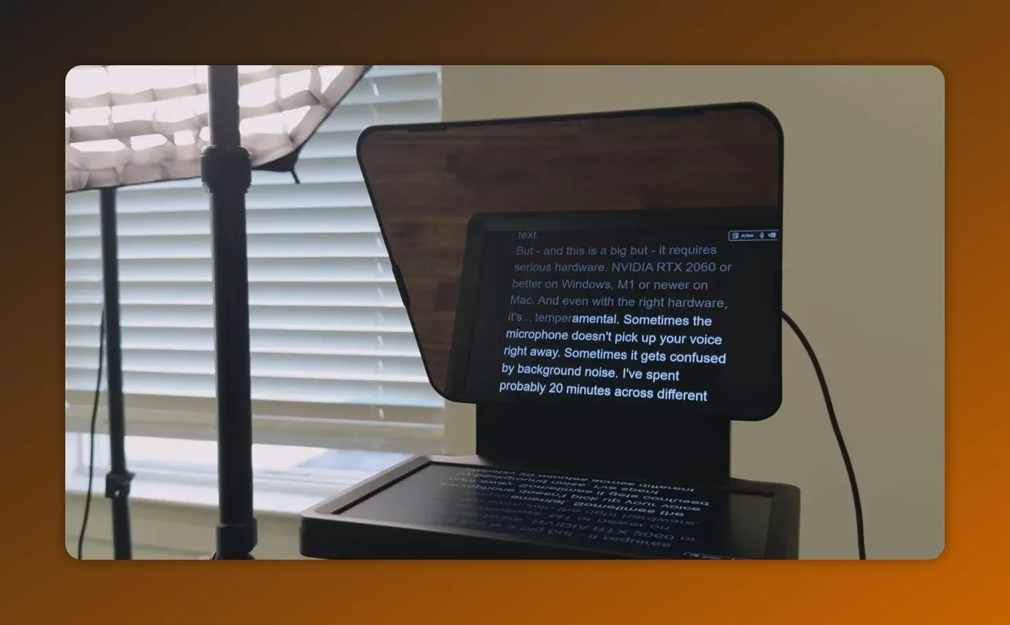 Elgato prompter with beam splitter glass reflecting the script and the display below
